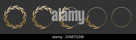 Golden laurel wreath round frame set. Gold rings with leaves, circle award logo or emblem vector illustration. Roman circular badge for anniversary, w Stock Vector