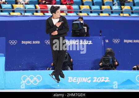 Beijing, China. 08th Feb, 2022. Nathan Chen of the USA, performs during Men's Single Figure Skating competition in the Capital Indoor Stadium at the Beijing 2022 Winter Olympics on , February 8, 2022. Photo by Richard Ellis/UPI Credit: UPI/Alamy Live News Stock Photo