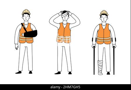 Worker with injury hand, bandage leg, head. Fall accident on work. Doodle line style character. Vector illustration. Stock Vector