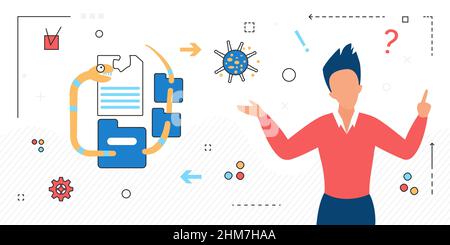 Online personal private file data affected by virus. Malware attack on stored information folders server Stock Vector