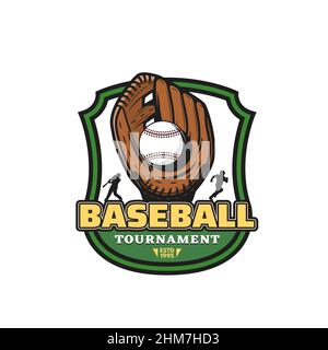 Baseball tournament icon, bat and ball game sport ream championship label. Cartoon vector baseball ball in leather mitt glove, batter hitting ball, ru Stock Vector
