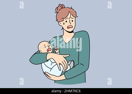 Motherhood problems and stress concept. Young stressed woman mother holding her crying infant baby on hands feeling nervous frustrated postpartum depression vector illustration Stock Vector