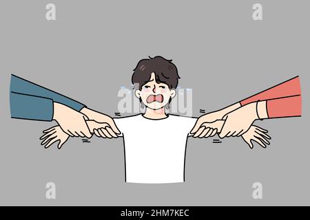 Parents tear apart unhappy crying son have divorce process in family. Stubborn mother and father divide child custody after breakup or separation. Children and domestic violence. Vector illustration.  Stock Vector