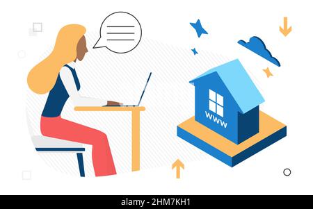 Writing code for Internet sites, software development, server moderation. Setting up web pages, female programmer, vector illustration Stock Vector
