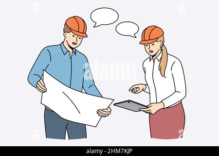 Construction engineers and workers concept. Young woman and man workers engineers teammates in helmets standing and discussing plan of blueprints construction vector illustration  Stock Vector