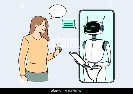 Artificial intelligence and technologies concept. Smiling girl standing and looking at smartphone screen with white robot bot communicating with her vector illustration  Stock Vector