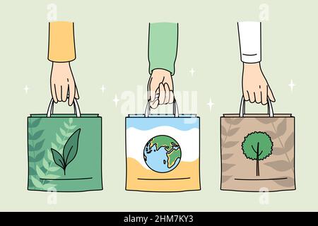 Ecology care and eco-friendly things concept. Human hands holding eco-friendly bags with pictures of plant planet and tree vector illustration  Stock Vector