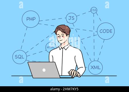 Smiling young man sit at desk do web programming on computer in office. Guy programmer work on laptop, testing coding on device. Debugging and testing. Analyst or developer job. Vector illustration.  Stock Vector