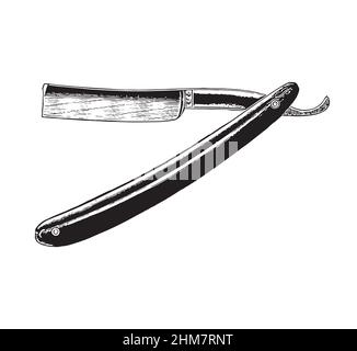 vintage antique detailed straight razor engraving black ink etching vector isolated on white background Stock Vector
