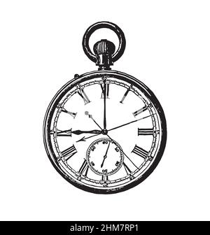 vintage antique detailed pocket watch engraving ink etching vector isolated on white background Stock Vector