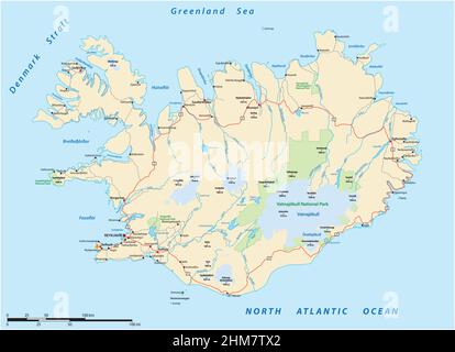 roads and national parks map of the european island nation of iceland Stock Vector