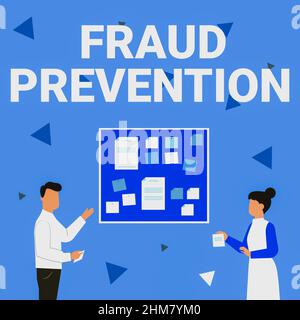 Inspiration showing sign Fraud Prevention. Word for stop from doing or happening to hinder person acting Illustration Of Couple Presenting Ideas Stock Photo