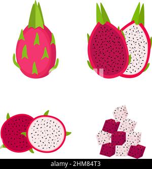 Dragon fruit, whole fruit, half and slices, on white background, vector illustration Stock Vector