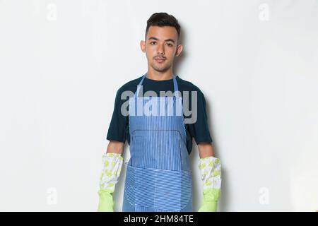 Portrait of happy Cleaner man isolated on White Background Stock Photo