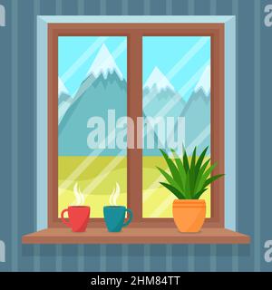 Window overlooking the beautiful landscape with mountains, vector illustration Stock Vector