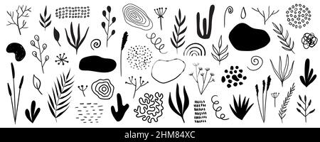 Organic shapes, plants, spots, lines, dots. Vector set of minimal trendy abstract hand drawn isolated elements for graphic design Stock Vector