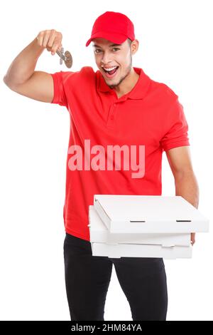 Pizza boy delivery latin man order delivering cutter deliver box young isolated on a white background Stock Photo