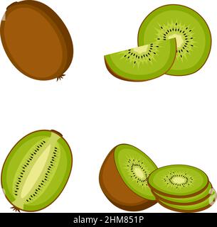 Kiwi, whole fruit, half and slices, on white background, vector illustration Stock Vector