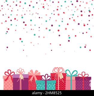 Valentines day background, background with gifts and confetti, vector illustration Stock Vector