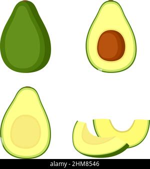 Avocado, whole fruit, half and slices, vector illustration Stock Vector