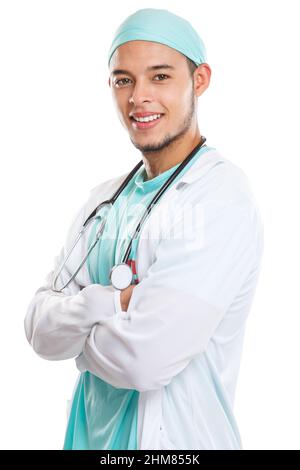Young doctor portrait side view occupation latin man job doctor's overall isolated on a white background Stock Photo