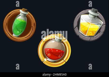 Set of vector icons potions in texture frames. Stock Vector