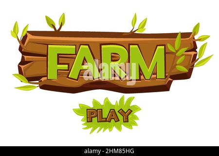 Vector wooden farm logo for ui game and play button. Stock Vector