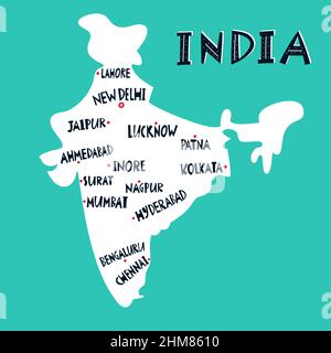 Vector hand drawn stylized map of Indian cities. Travel illustration. Republic of India geography illustration. Asia map element Stock Vector