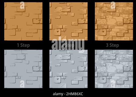 Vector set of textured stone walls step by step. Stock Vector