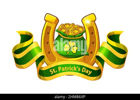 Vector banner of bag with coins and gold horseshoe. Stock Vector
