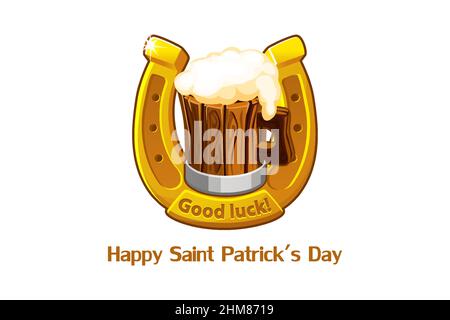 Vector banner with a wooden mug of beer and a horseshoe. Stock Vector