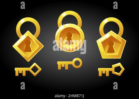 Vector illustration set of golden keys and locks. Stock Vector
