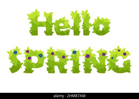 Vector lettering Hello Spring grass with flowers. Stock Vector