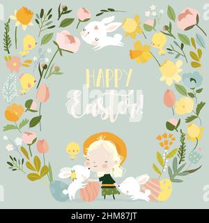 Cute Cartoon Girl with Floral Wreath, Easter Rabbits and Eggs Stock Vector