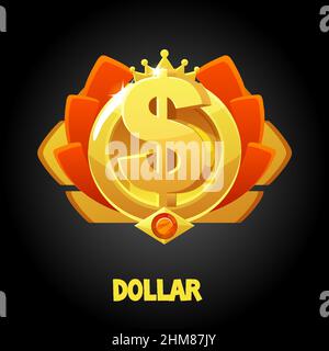 Vector gold dollar award with crown for game. Stock Vector