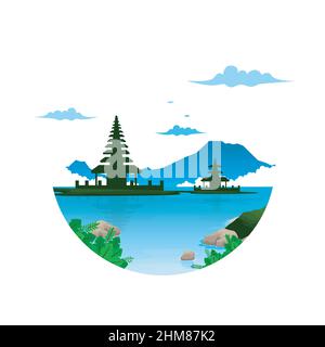 Beautiful Island Beratan Lake Bedugul Bali Landscape Circle View Illustration Stock Vector