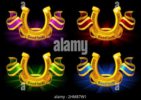 Vector banner golden horseshoes with color ribbons. Stock Vector
