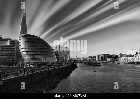 Black and white image from tower bridge looking down the thames with the shard on the left Stock Photo