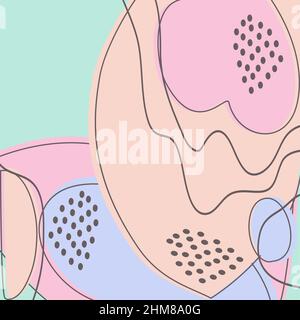 Drawn colorful abstract shapes. Doodle curve objects, wavy lines, dots. Modern trendy pattern background for print, banner, magazine, booklet, poster, Stock Vector
