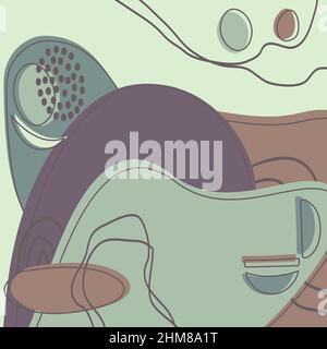 Drawn colorful abstract shapes. Doodle curve objects, wavy lines, dots. Modern trendy pattern background for print, banner, magazine, booklet, poster, Stock Vector