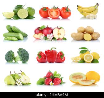 Fruits vegetables collection isolated apple apples strawberries tomatoes banana colors fresh fruit on a white background Stock Photo