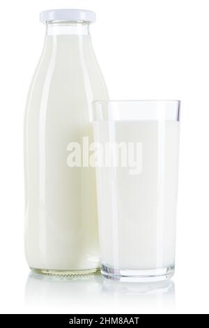Fresh milk drink in a glass and bottle isolated on a white background Stock Photo