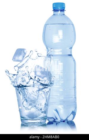 Water glass ice cubes bottle isolated on a white background Stock Photo