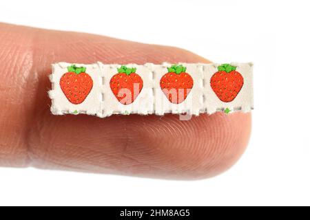 Strawberry trips-Blotting paper impregnated with the drug L.S.D.- Lysergic acid diethylamide. Stock Photo