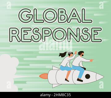 Text showing inspiration Global Response. Concept meaning indicates the behaviour of material away from impact point Illustration Of Happy Partners Stock Photo