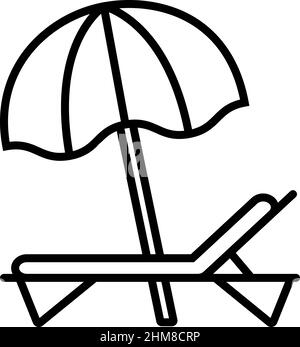 Beach umbrella and sun lounger line icon on white background, vector illustration Stock Vector