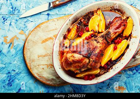 Tasty turkey leg roasted with oranges and spices Stock Photo