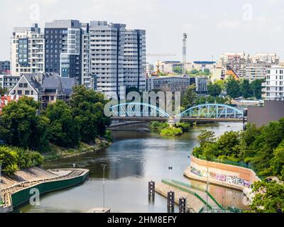 new modern apartment building in historical center on a the river of old european polish city of Wroclaw Stock Photo