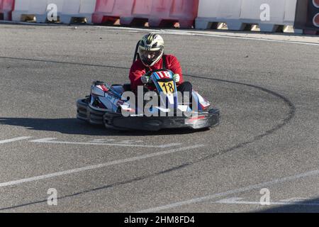Man racing Go-cart on karting circuit, Recas, Spain Stock Photo