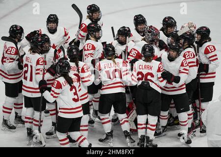 Beijing, China. 08th Feb, 2022. Team Canada celebrates after defeating Team USA in a Women's preliminary round Group A Ice Hockey match at the Wukesong sports center at the Beijing 2022 Winter Olympics on Tuesday, February 8, 2022. Photo by Paul Hanna/UPI Credit: UPI/Alamy Live News Stock Photo